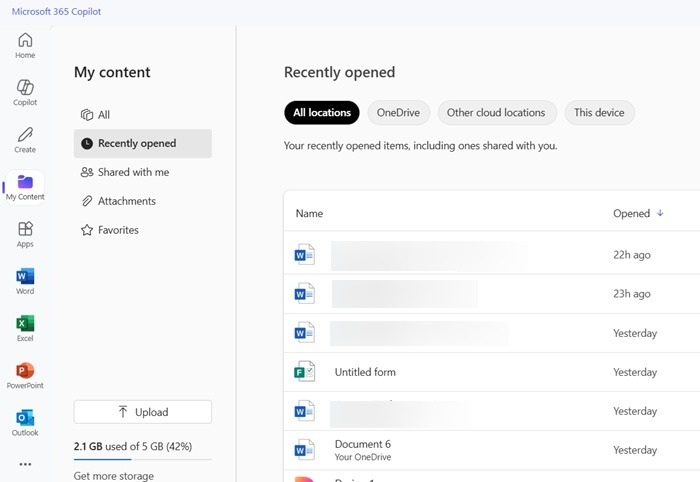 Accessing all documents through My Content in Microsoft 365 Copilot app.