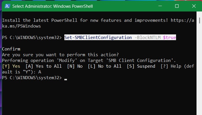 Modify target SMB client configuration in PowerShell to protect against NTLM attacks.