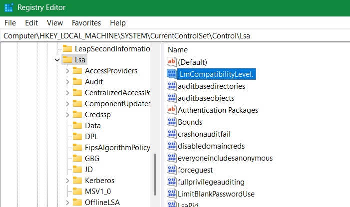 Lsa (Local Security Authority) registry key and "LmCompatibleLevel" DWORD.
