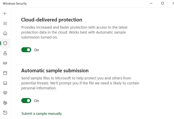 Enabling Cloud Delivered Protection in Windows Security.