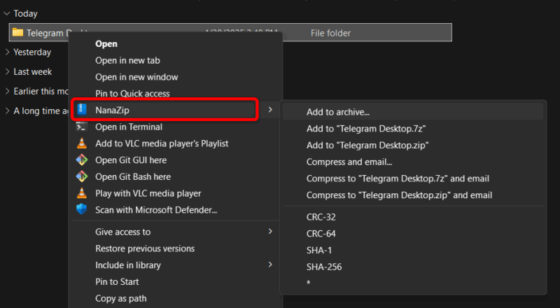 Nanazip Context Menu Options