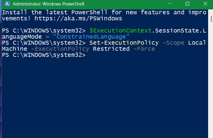 Changing PowerShell to a Constrained Language setting to avoid web commands.