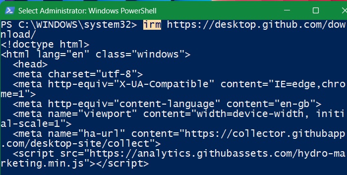 Downloading GitHub desktop software using "irm" command in PowerShell.