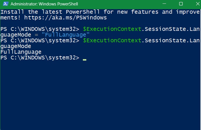 "Full Language mode" in PowerShell allows irm and iex commands.