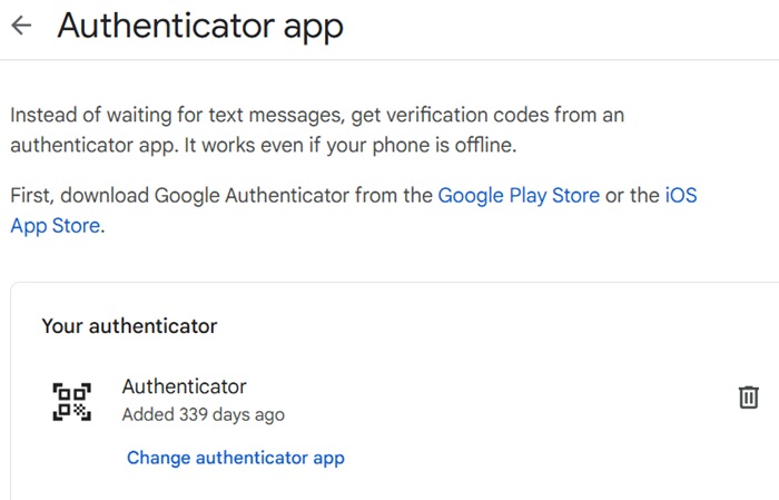 Authenticator App enabled for 2SV in a Google account.