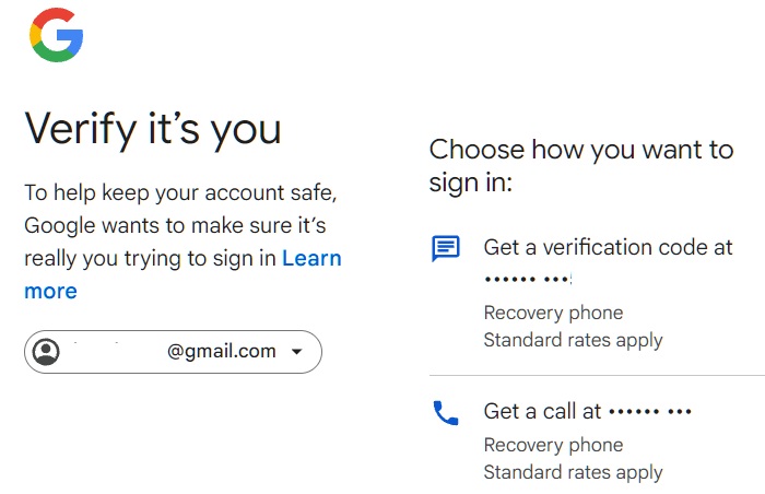 Option to get an SMS-based verification code to authenticate Google account.