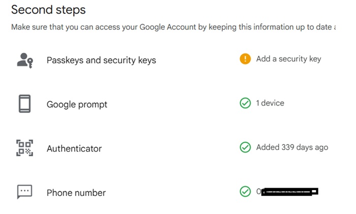 Authenticator enabled as a 2FA on Google Account Second steps