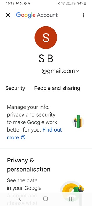 MyAccount --> Security option on an Android device.