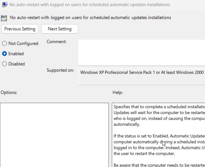 Stop automatic restarts in updates using Local Group Policy Editor.