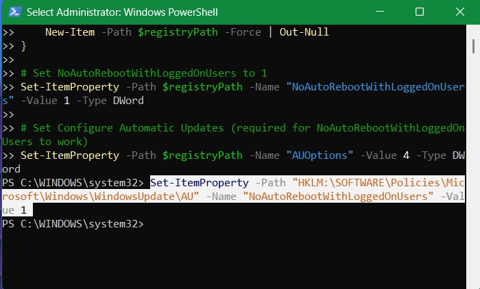 PowerShell script in Windows 11 to ensure "NoAutoRebootWithLoggedOnUsers" registry setting.