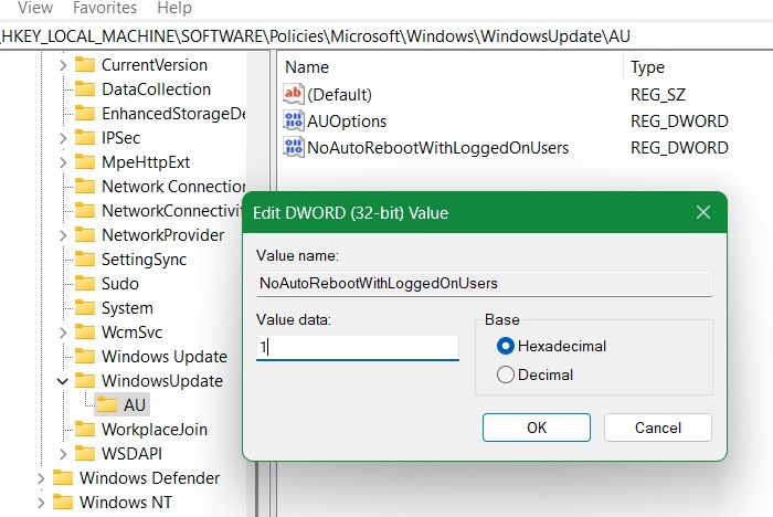 AU key under Windows Update with registry value = 0 for "NoAutoRebootWithLoggedOnUSers."