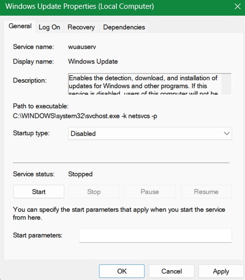Windows Update Properties in Services menu with Startup Type "disabled."