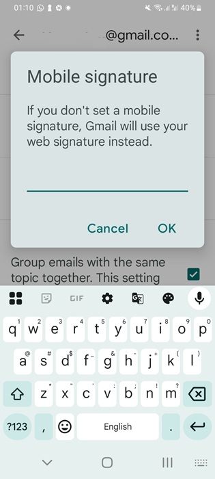 Setting a mobile signature on Gmail app in Android.