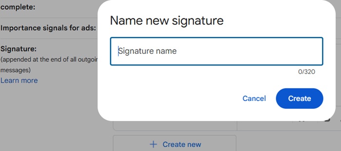 Naming a new signature in Gmail desktop version,