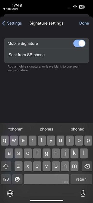 Create a mobile signature on iPhone Gmail app to avoid syncing with web.