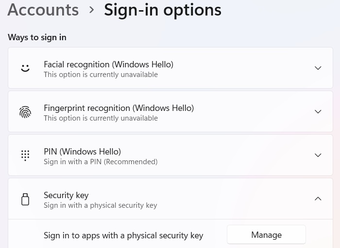Windows 11 native sign-in options including the "security key."