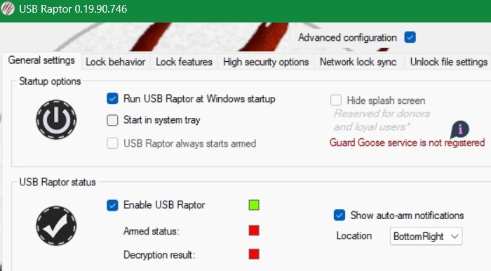 USB Raptor Advanced configuration and running it at Windows Startup.