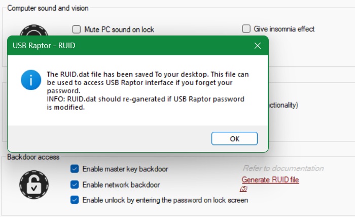Click "Generate RUID file" in Backdoor access of USB Raptor.