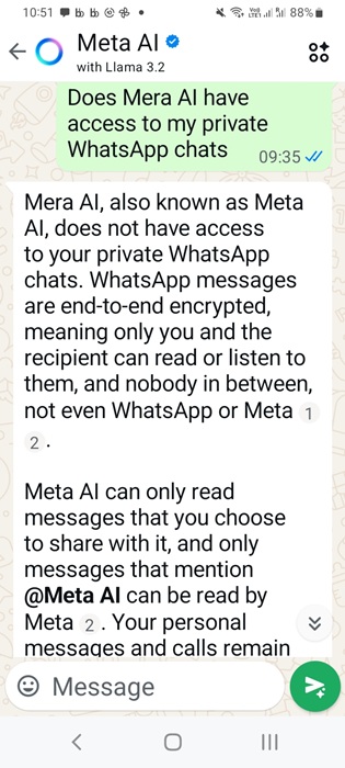 Meta AI chatbot responds that it doesn't have access to private user chats.