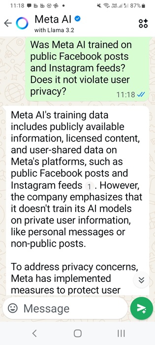 WhatsApp Meta AI privacy concerns: using Facebook and Instagram feeds for training.