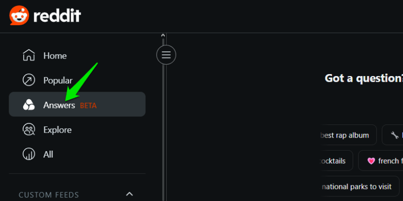 Reddit side panel with Reddit Answers highlighted