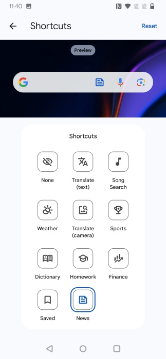 Shortcut options view in Google search widget on Android. 