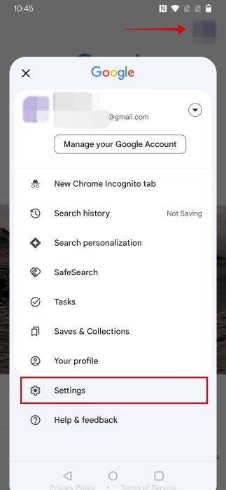 Accessing Settings from the Google app on Android.