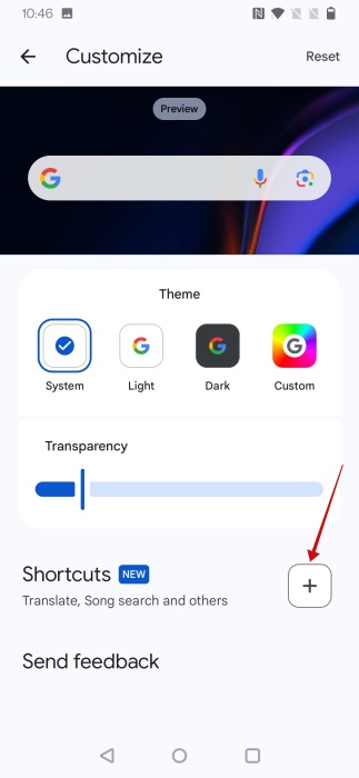 Tapping on Shortcuts option in Google app settings on Android.