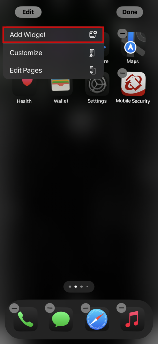 Tapping "Add widget" button on iPhone home screen. 