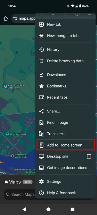 Tapping on "Add to Home screen" option in Chrome app on Android device.