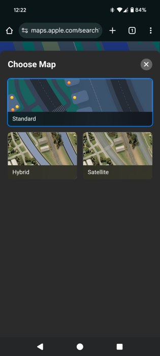 "Choose Map" option in Apple Maps for web on Android device.