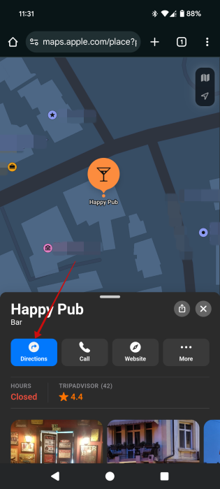 Pressing on "Directions" button in Apple Maps for web on Android device. 