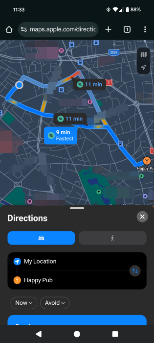 Directions view in Apple Maps for web on Android phone.