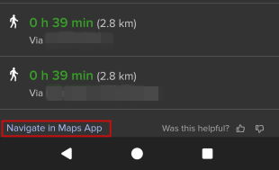 "Navigate in Map App" button in DuckGoGo browser on Android.