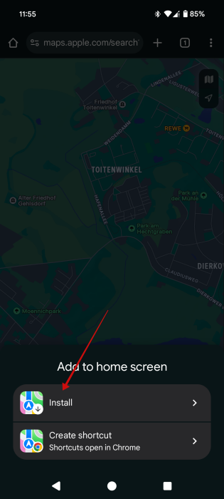 Choosing to "Install" web app on Android phone. 
