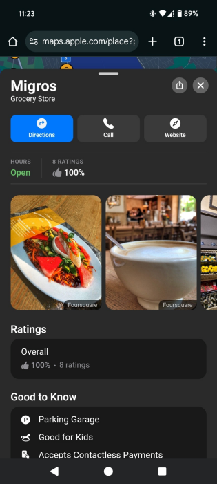 Viewing full details for place in Apple Maps for web on Android phone. 