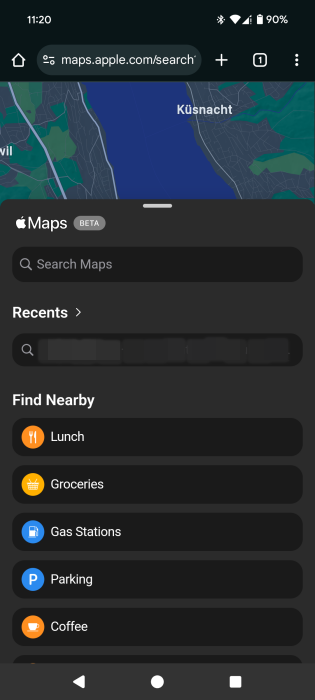 Searching locations nearby in Apple Maps on web on Android phone. 