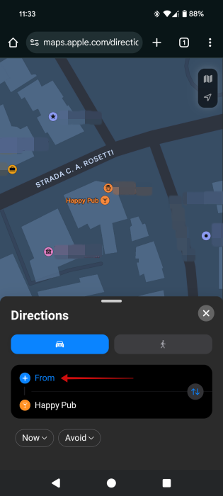 Setting "From" point from Apple Maps on the web on Android device.