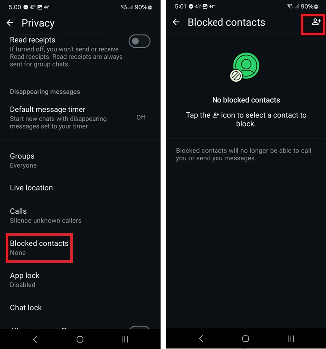 Block contacts in WhatsApp