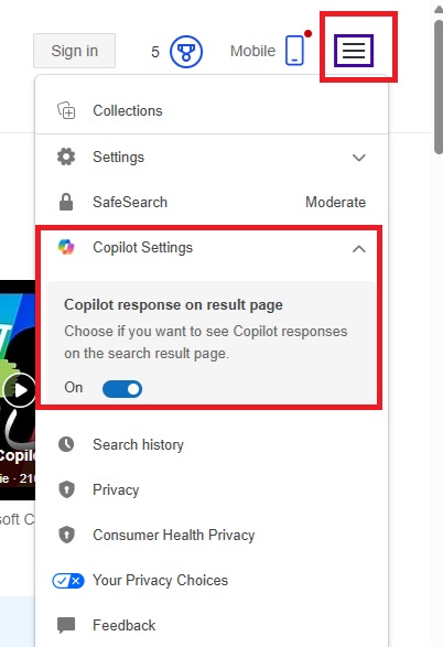 Turning off Copilot in search.
