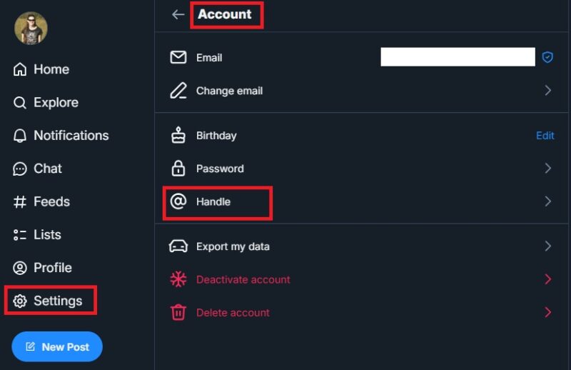 Selecting Handle on Bluesky.