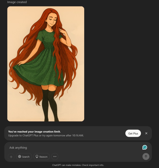 ChatGPT image generation limit message view in web interface. 
