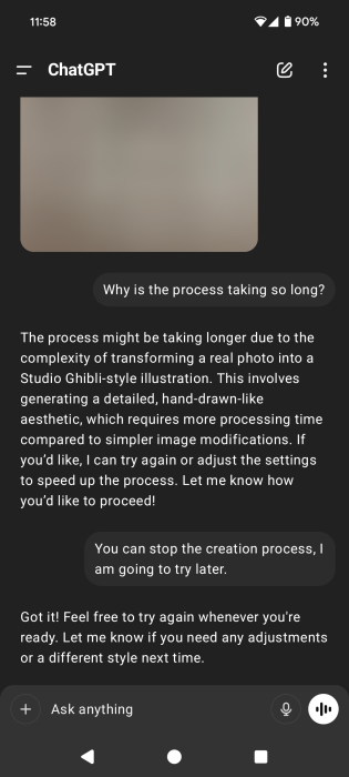 ChatGPT answer about image generation process taking too long. 