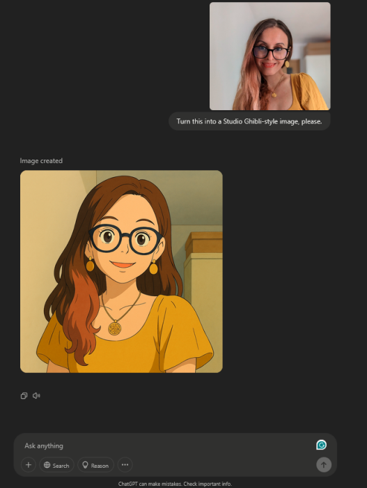 Asking ChatGPT to generate a Ghibli-style image via its web interface.