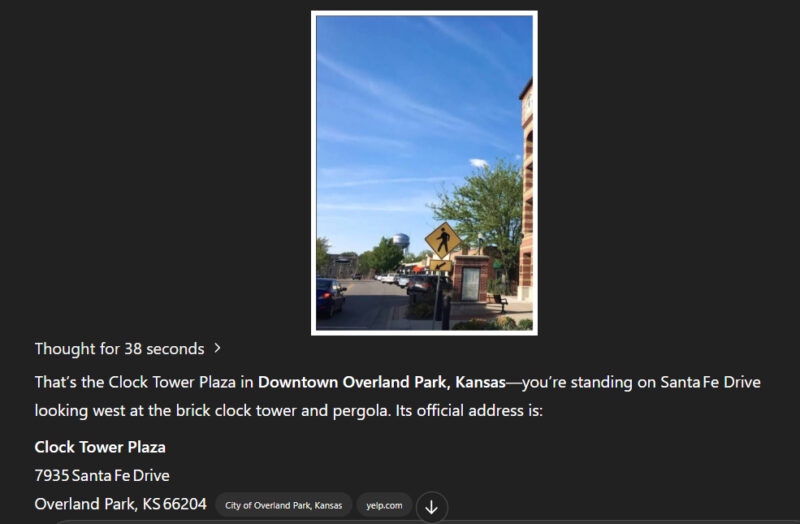 ChatGPT guessing location of Clock Tower Plaza Kansas