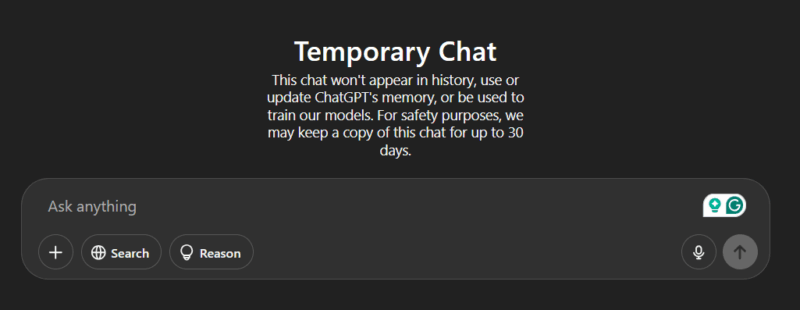 ChatGPT Temporary Mode main interface