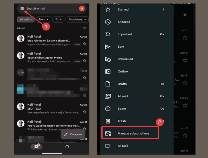 Click Sidemenu Select Manage Subscriptions Gmail
