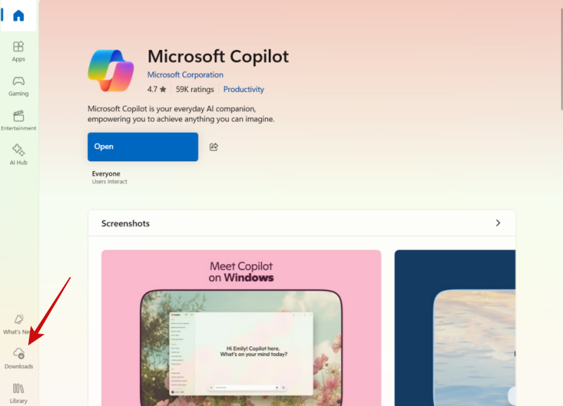 Clicking the "Downloads" button in Microsoft Store on Copilot page. 