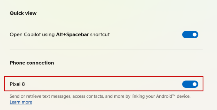 Checking "Phone connection" section in Copilot app on Windows. 