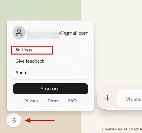 Navigating to Settings in Copilot app on Windows PC.